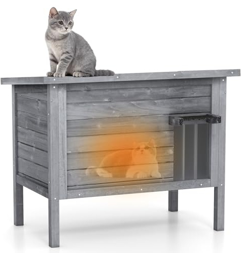 GYMAX Katzenhaus Outdoor Winterfest, Katzenhütte für Draußen aus Tannenholz mit geneigtem Asphaltdach, PVC-Vorhang & Erhohte FuiBe, Wetterfest Katzenhöhle für Winter, 88 x 55 x 69 cm (Grau)