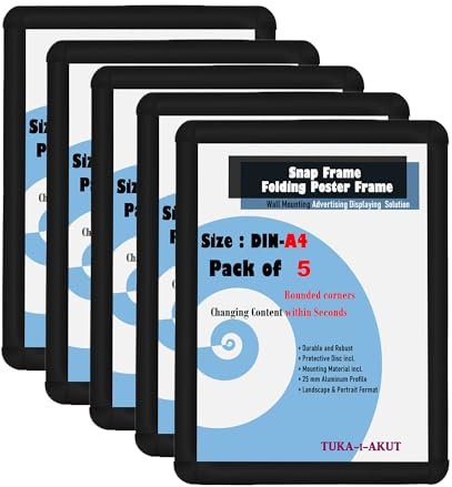 TUKA-i-AKUT 5er Aluminium Klapprahmen DIN A4 | 25 mm Profil | Abgerundete Ecken, Schutzscheibe Befestigungsmaterial | Plakatrahmen Wechselrahmen Schnapprahmen Aufklappbar, Schwarz Farbe TKD8421-A4-5X