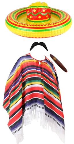 Mexikansk kostym för vuxna – flerfärgad randig poncho, uppblåsbar sombrero, mexikansk mustasch och falsk cigarr – herr dam Mexico Mariachi Bandit Cinco de Mayo maskeraddräkt