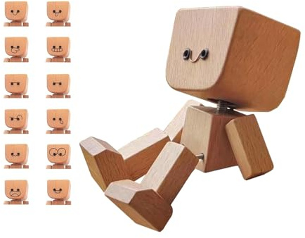 Hiborth Wackelnder Holzmann, Wackelnde Holzfigur mit Füßen Handgefertigte Auto Armaturenbrett Dekoration Ornamente Magnetische Gesichter Kreatives Autozubehör (1 Set)