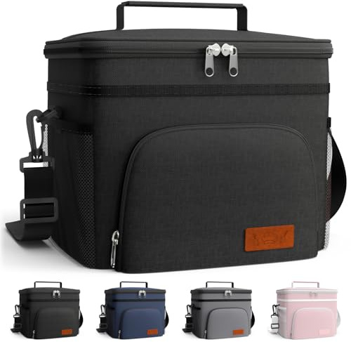 HOTOR Insulated Lunch Box for Men Women Leak-Proof Cooler Lunch Bag | 4 Pockets Adjustable Strap, Food Cooler, Ideal for Work, Office, Picnic, Travel, Large, Black, 13.0 x 7.9 x 9.1