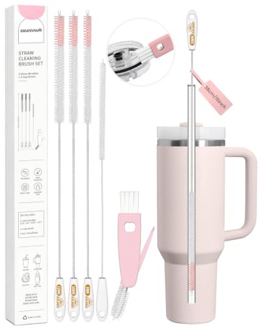 XXUNIVSUN Straw Cleaner Brush Set, 4 Sizes (6/8/10/12mm) & 3-in-1 Lid Brush, 15-inch Extra Long Bristles for Deep Cleaning, Fit for Stanley and Reusable Straws (Pink) (Pink) | 4 Straw Brushes in 6/8/10/12mm plus a 3-in-1 Cup Lid Brush, Reusable Cleaning Kit for Owala, Yeti and 20-40 oz Tumblers, Pink