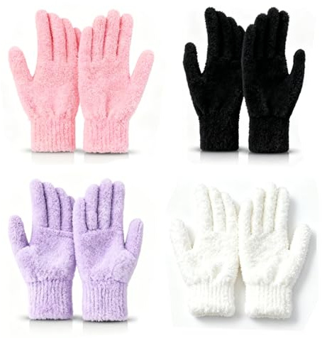HUSHRICH 4Pairs Kids Warm Knit Mittens, Girls Boys Winter Outdoor Lined Gloves Cute Full Finger Children Stretchy Knit Gloves for Kids 8-15 Years