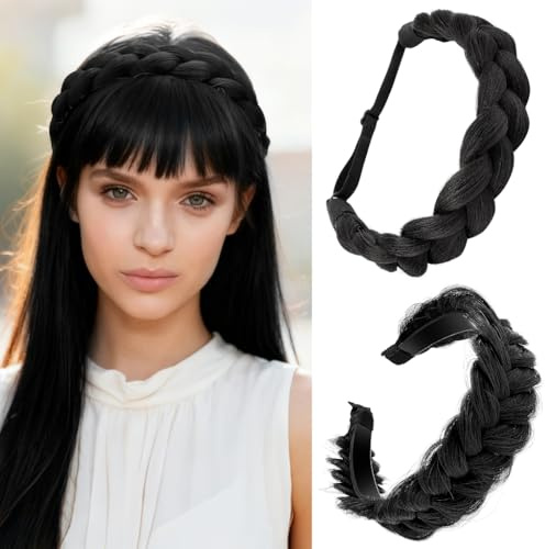 2 pièces de Bandes à Cheveux Tressées Artisanales,Bandes Élastiques Extensibles avec Dents Antidérapantes et Cerceaux à Cheveux Synthétiques,Accessoires Capillaires Mode pour Femmes (Noir Intense)