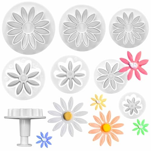 7 PCS Daisy Fondant Cutter Cute Flower Plunger Cookie Cutters Sunflower Fondant Mold Dessert Decorating Accessories Chrysanthemum Embossing Tool for DIY Biscuits, Sugar Cubes, Chocolate Cake