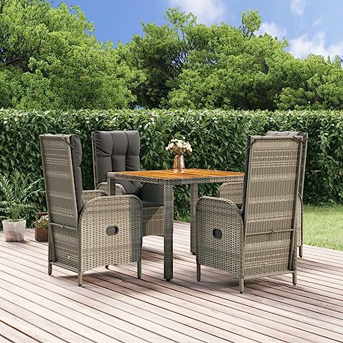 QJBSAVVA 5-TLG. Garten-Essgruppe 90x90 cm Akazienholz Rattan Sessel dunkle Kissen Balkon-Set