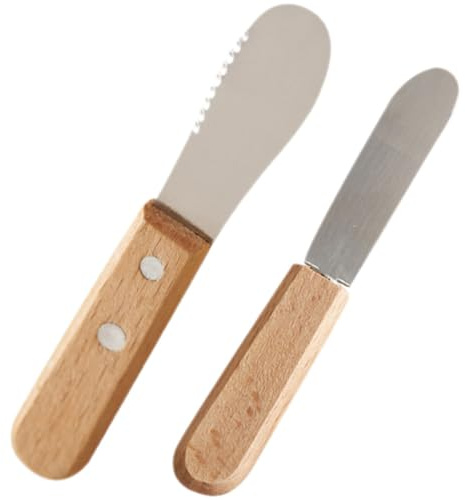 Garneck Spatule à Beurre en Acier Inoxydable 75 CM Manche en Bois Ensemble Mini Couteaux à Fromage Dentelé et Lisse Racloir à Confiture Ustensile Cuisine Compact pour Maison