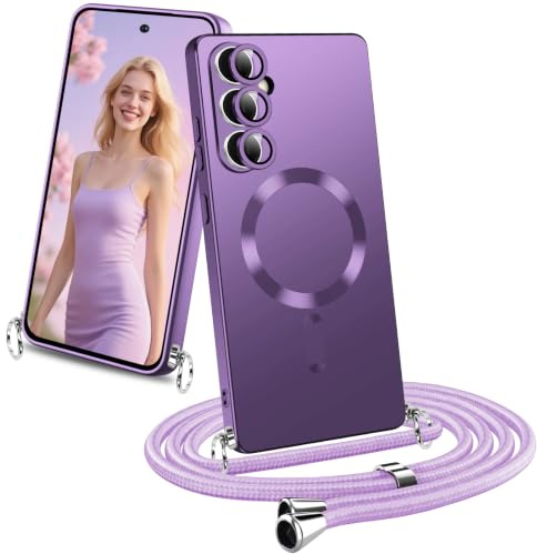 Migexxkj Magnetische für Samsung Galaxy S26 Hülle mit Band Handykette für Samsung S26 mit Kameraschutz Silikon Handyband Band Necklace zum Umhängen mit Kordel Handyhülle Kette (Lila)