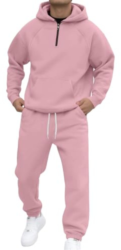 Generisch Tuta sportiva da uomo, invernale, da jogging, 2 pezzi, tinta unita, per lo sport, casual, con cerniera a 1/4, per il tempo libero, per autunno e inverno, Colore: rosa., m