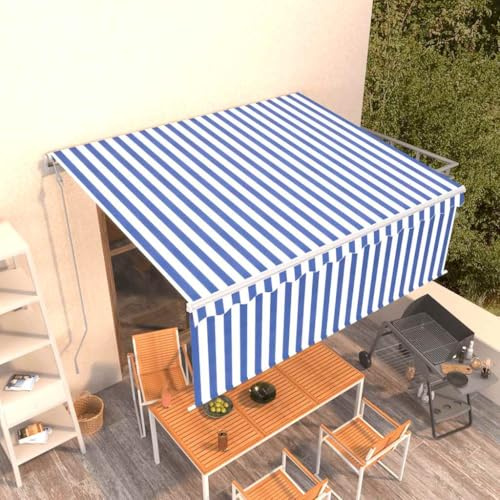 Auvent automatique à bras articulé avec volant 4 x 3 m, bleu et blanc, résistant aux UV, imperméable, pour terrasse et extérieur