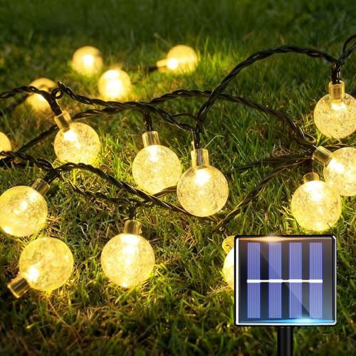 Solar Lichterkette aussen 15M 60LED, Solarlichterkette außen wetterfest IP64 für Balkon & Garten, Lichterkette Solar Outdoor für Terrasse, Kristall Kugeln Lichterketten für Partys, Warmweiß