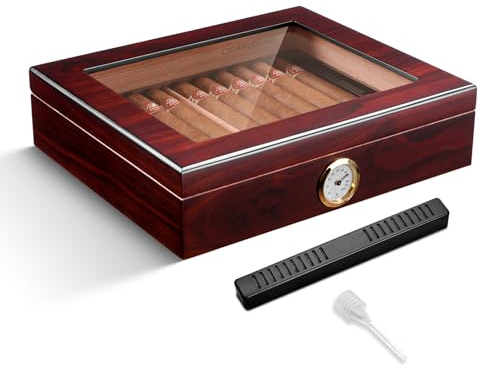 WENCILI High Glass Top Cigar Humidor Cigar Box, Modern Cedar Wood Humidor with Humidifier and Hygrometer and Divider, Desktop Portable Storage Case Holds 25-35 Cigars,Gift for Men (Brown)