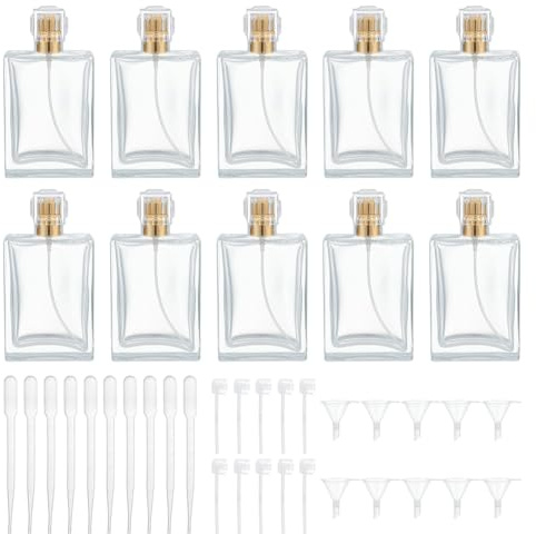 WEBEEDY - Lote de 10 frascos de perfume vacíos, 100 ml, de vidrio recargables, con 3 tipos de dispersores que incluyen pipetas embudos y bombas de transferencia para aceites esenciales de viaje