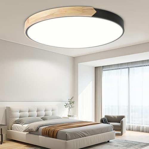 ISOISL Holz LED Deckenleuchte, LED Deckenleuchte 96W ∅60cm Dimmbar 3000K-6000K Farbtemperatur, 360° Beleuchtung Deckenlampe Wohnzimmer Schlafzimmer, Naturholz Ceiling Light für Kinderzimmer Esszimmer