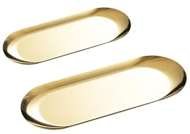 Pinpulux 2 Pcs Gold Stainless Steel Oval Storage Decorative Trays,Small Serving Trinket Dishes Decorative Trinket Serving Bathroom Organizer Coffee Table Tray for Jewellery Vanity Perfume Cosmetics
