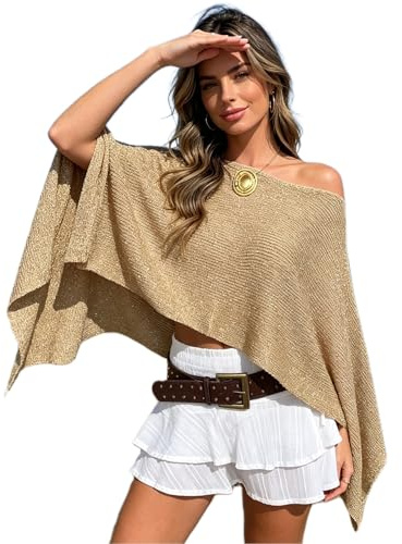 Felcia Women Knitted Poncho Top Lightweight Off Shoulder Crochet Sheer Shawl Asymmetrical Hem Solid Color Cover Up