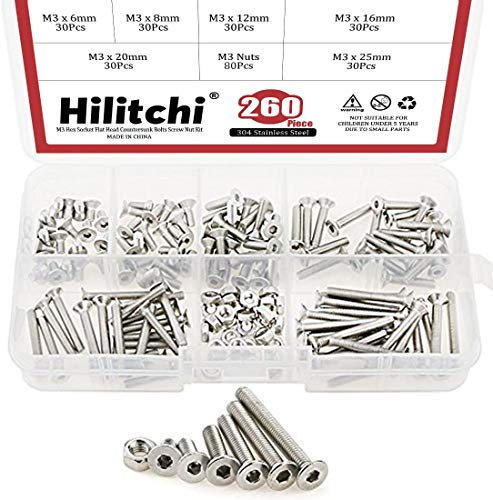 Hilitchi 260-Piece Metric M3 Hex Socket Flat Head Countersunk Bolts Screw Nut Assortment Kit - 304 Stainless Steel