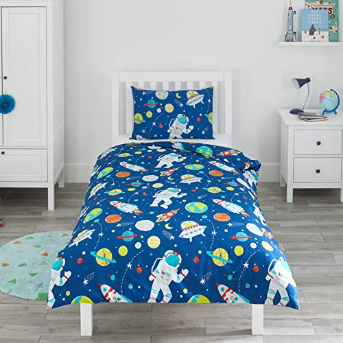 Bloomsbury Mill – Set Copripiumino Singolo – Lo Spazio Esterno, Pianeti e Razzi - Lenzuola Letto Reversibile Per Ragazzi e Ragazee - Set di biancheria da letto per bambini - 135 x 200 cm e Federe