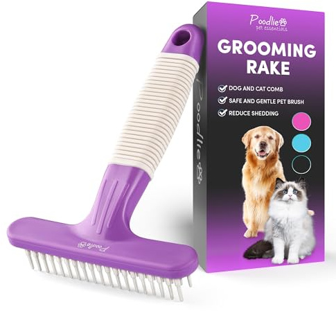 POODLIE Poodle Pet Dog Grooming Rake| Dematting Tool with Stainless Steel Shedding Comb for Pets | 2 Rows of Pins Gently Remove Loose or Tangled Hair from Undercoat | Purple Handle
