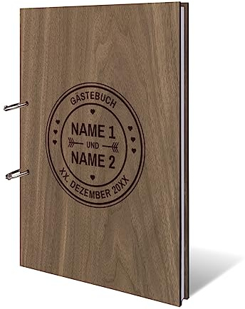 Personalisiertes Hochzeit Gästebuch echtes Holz DIN A4 Hochzeitsbuch mit Lasergravur - Hochzeitslogo - mit 72 Blatt / 144 Seiten Naturpapier Weiß