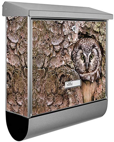 banjado® Burgwächter Briefkasten Edelstahl 38x39x12cm mit Motiv Eule/Briefkasten Edelstahl ohne Zeitungsfach/Briefkasten grau/Postkasten inkl. Montagematerial & 2 Schlüsseln