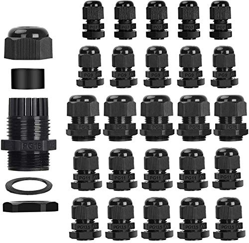 25 Piezas Prensaestopa Impermeable, Bolatus Ajustable 3-15mm Nylon Conector Cable Glandula PG7, PG9, PG11, PG13.5, PG16 Prensaestopas con Contratuerca (Negro)