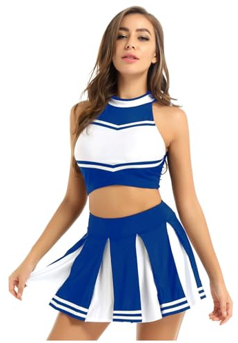 inhzoy Damen Cheerleading Cheer Leader Uniform Rock Crop Top Set Tanz Karneval Fasching Party Halloween Kostüm A_Blau M