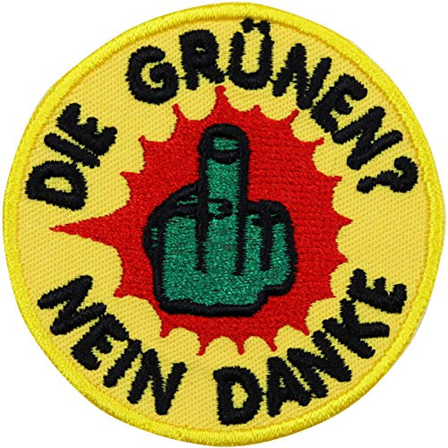 Aufnäher: DIE GRÜNEN? NEIN DANKE Aufbügler Biker Patch Rocker Flicken Metal Bügelbild Sticker zum Aufnähen Mittelfinger Umweltschutz lustige Motorrad Applikation für Jacken/T-shirts/Taschen 60x60mm