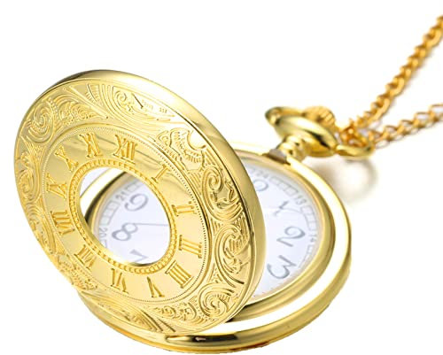 Halukakah Herren Taschenuhr mit Kette Quarz 18K Echt Vergoldet Vintages Ukiyoe Wellenmuster Römische Ziffernskala, mit 2 Ketten Set Taschenkette+Halskette, KOSTENLOSE Geschenkbox