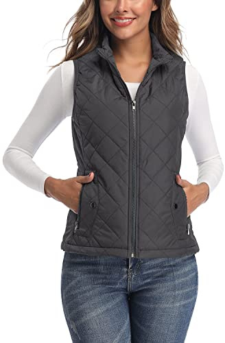 LONGKING Gilet matelassé léger à col montant avec fermeture éclair pour femme, gris foncé, Large