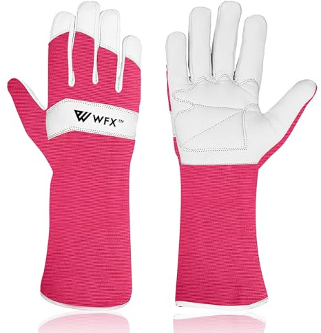 WFX Långa trädgårdshandskar läder damer män kvinnor hållbar getskinn trädgårdshandskar underarmsskydd taggsäker trädgårdsmästare arbete spandex ärmar ros beskärning gåva (Rosa, S)