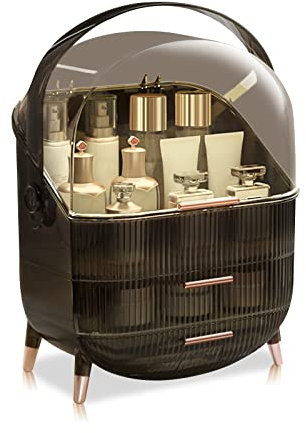 Galatée Retro Serie 180°Drehbar Tragbare Make Up Organizer Kosmetikbox Kosmetische Aufbewahrungs Box Mit Staubdichtem Deckel, Beauty Organizer Mit 2 Schubladen Und Tragegriff - （Retro-Grau）