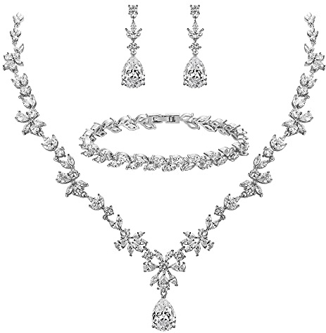 Clearine Zirkonia Schmuckset Hochzeit Braut für Damen Marquise Teardrop Cluster Statement Halskette,Ohrhänger und Tennis Armband Set
