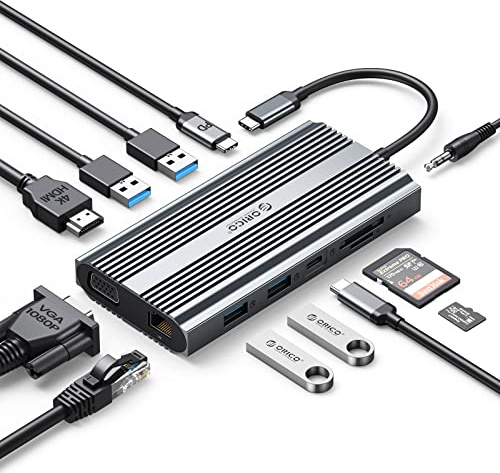 ORICO 12 en 1 USB C Hub con 4K HDMI, PD 100 W, 1 Gbps Ethernet, 4 USB 3.0, SD/TF, VGA, 3,5 mm Audio, USB C Adaptador Compatible con Windows/Mac OS