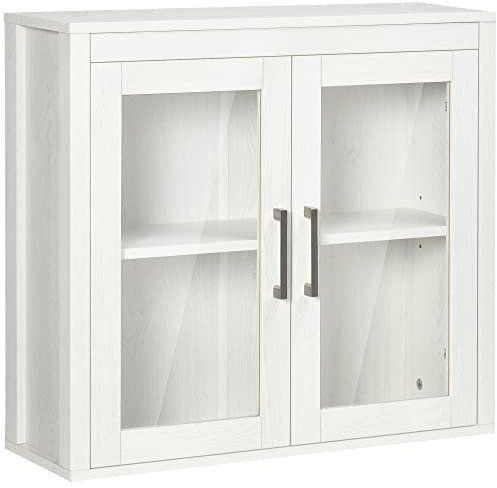 kleankin Armario de Baño de Pared con 2 Puertas de Vidrio y Estante Ajustable Mueble Colgante de Baño para Cocina Dormitorio Aseo Estilo Moderno 60x19,5x54 cm Blanco