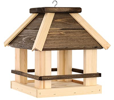 Vogelfutterstation aus Holz - Vogelhaus zum Hängen - Vogelfutterhaus aus Holz - Wetterfest, Ideal für Garten und Balkon Futterhäuschen für Vögel (Braun+Natur)