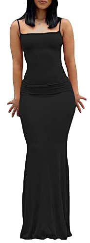 Women Sexy Low Cut Maxi Dress Sleeveless Cami Spaghetti Strap Sling Cami Bodycon Fishtail Long Dress Party Evening Maxi Dress (A-Black, S)