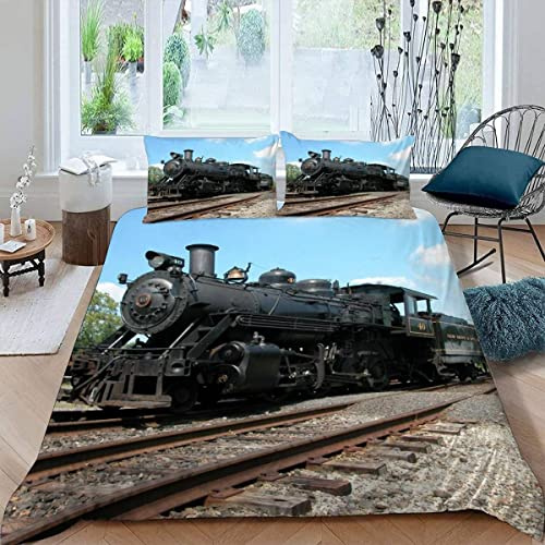 Kinderbettwäsche Zug 135x200, Mikrofaser, 3-teilig mit 2 Kissenbezügen | Bettbezug mit Reißverschluss und 2 Kissenbezügen 80x80 cm, mit Dampflok-Eisenbahn Motiv für Kinderzimmer und Jugendzimmer.