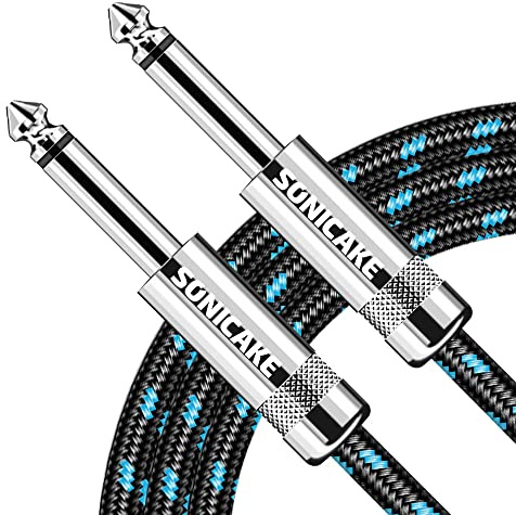 SONICAKE Braided Guitar Cable 3m/10ft Guitar Instrument Cable 6.35mm 1/4 Straight Angle to Straight Black Blue