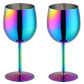 BISDARUN Set di 2 calici da vino bianco in acciaio inox 18/8, 350 ml, calici in metallo per cocktail, champagne, whisky, birra, (arcobaleno)