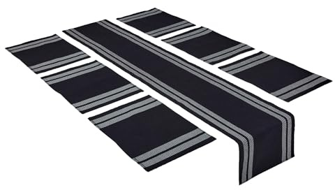Encasa XO Camino de Mesa y Juego de Manteles Individuales 6 | Algodón de Costura Fina | Black de Escalera | 1 Camino de Mesa de 32x183 cm y Cada Mantel Individual de 48x32 cm