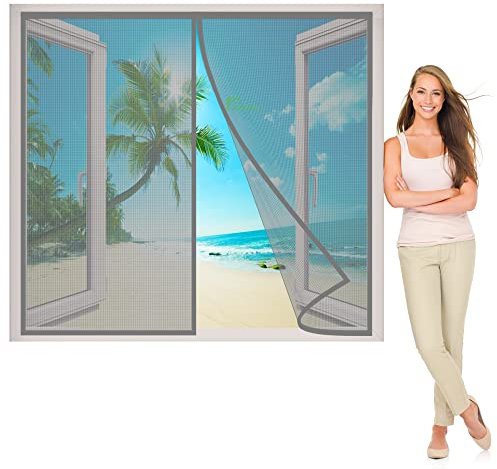 Insektenschutz Fenster Vorhang Polyester Lamellenvorhang, 235x210 cm mit Heavy Duty Mesh & Full Frame Klettverschluss Klemmleiste Fliegenvorhang, Grau P