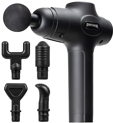 SPORTINATOR® Level Up Massagepistole inkl. verschiedener Aufsätze und Tragetasche, elektrisches Handmassagegerät mit USB-C-Anschluss und LCD-Touchscreen (Schwarz)