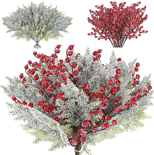 Crowye 33 Stück Weihnachten Schnee Künstliche Zeder Picks Stiele Beeren Zweige Set Mattiert Faux Zeder Spray Weihnachten Zeder Rote Beeren Picks für Urlaub Dekorationen Winter Saison Handwerk Home