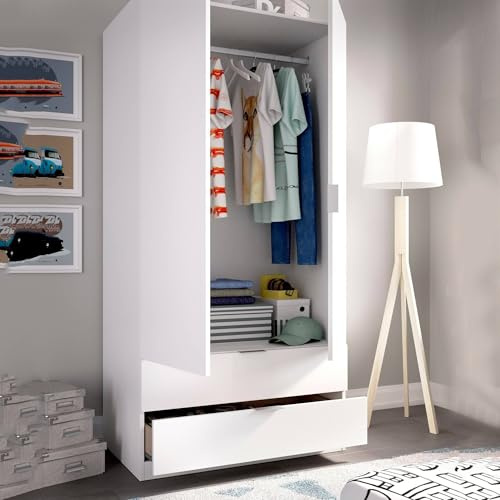 DMORA Armario Pisanino, Mueble Perchero para Dormitorio, Armario con 2 Puertas batientes y 2 cajones, 81 x 52 x 184 cm, Color Blanco