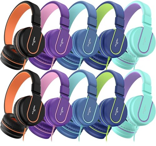 AILIHEN Kids Headphones Bulk 10-Pack for K-12 School Classroom, On-Ear Wired Headset with Microphone for Students Children with 93dB Volume Limited, 3.5mm Jack for Chromebooks Tablets Laptop Computer