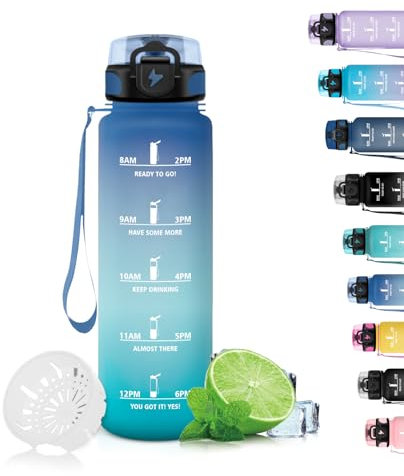 Grsta Gourde Enfant, Gourde Filtrante Anti-Fuite, Gourde 500ml pour Garçons&Filles, Gourde Reutilisable avec Marqueur de Temps, Gourde Graduée pour l'École, Bureau, Extérieur, Bleu-Vert