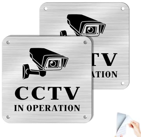 2pcs CCTV In Operation Sign 10x10cm Camera Metal Sign Brushed Aluminium CCTV Signs Waterproof Self Adhesive,UV Resistant Security Safety Sign for Home or Business