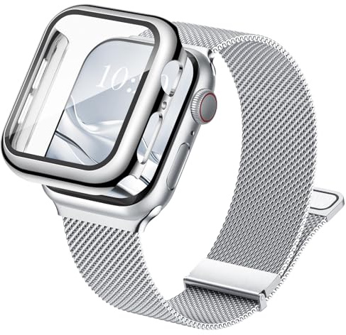 Raradev 3-in-1 Compatible with Apple Watch Metal Straps 44mm with Case & Screen Protector, Dual Magnetic Band and Protective Cover with 9H Tempered Glass for iWatch SE3 Series 6/5/4, Silver