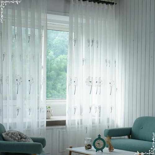 Beydodo Gardinen für Schienensystem, Vorhänge Weiß 2er Set Haken 86x160CM Jacquard mit Blau Löwenzahn Motiv Gardinenschals Halbtransparent für Wohnzimmer Schlafzimmer Küche